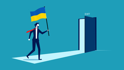 People carry the Ukrainian flag to the exit. Ukrainian exit idea. ukraine national day banner with modern design