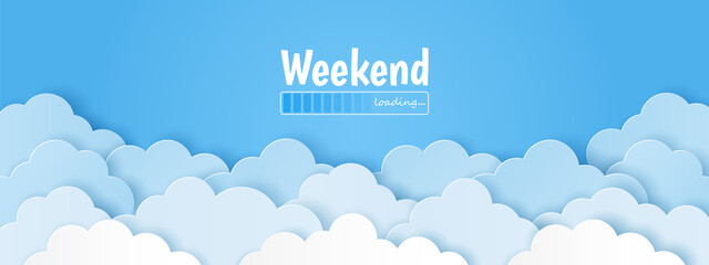 Paper cut of weekend loading text on blue sky background. Vector illustration