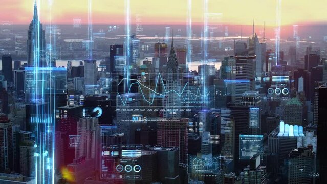 Aerial Futuristic Panoramic Skyline Of Manhattan with Financial information, Networks,  Charts, Holographic Technology, 5G. Internet of Things Augmented Reality.  New York City, United States.