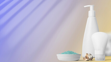 Close-up with beauty products on gradient background in colors and shadows