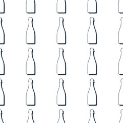 Fototapeta na wymiar Champagne bottles seamless pattern. Line art style. Outline image. Black and white repeat template. Party drinks concept. Illustration on white background. Flat design style for any purposes