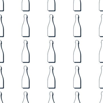 Champagne bottles seamless pattern. Line art style. Outline image. Black and white repeat template. Party drinks concept. Illustration on white background. Flat design style for any purposes