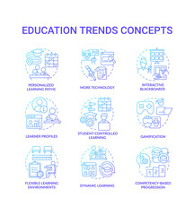 Education trends blue gradient concept icons set. Innovations in learning process idea thin line color illustrations. Isolated symbols. Editable stroke. Roboto-Medium, Myriad Pro-Bold fonts used