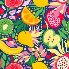 Bright, summery fruit mix. Seamless pattern. Modern exotic design for wrapping, wallpaper, fabric, decoration print, interior décor and more
