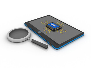 3d rendering microchips on mobile phone search concept
