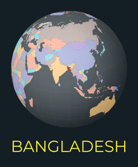 World map centered to Bangladesh. Red country highlighted. Satellite world view centered to country with name. Vector Illustration.