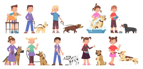 Children - boys and girls play, train with dogs cartoon style.