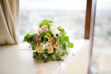 Stylish wedding flowers. Elegance rustic style pastel colors bouquet
