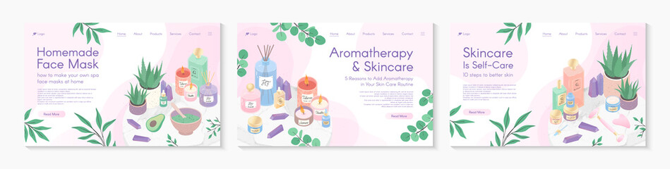 Web page design templates for aromatherapy treatment,skin care tutorial,spa,wellness,massage,cosmetics,self care.Vector illustrations concept for website,mobile website.Landing page layouts. - obrazy, fototapety, plakaty
