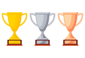 Gold, silver and bronze trophy cups on a wooden stand. Game winner prize, racing sport trophies. Goblet prize icons. Vector illustration