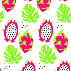 seamless tropical leaf and dragon fruit pattern on white background	