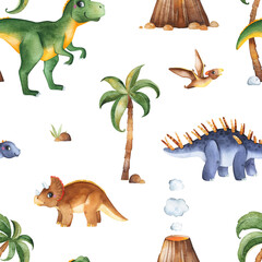 Cute dinos world collection. Seamless texture with watercolor dinosaurs,palm trees,,volcano,clouds and more.Perfect for baby shower,wallpapers,nursery decorations,invitations,party.