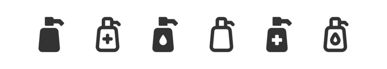 Soap bottle icon set. Gel dispenser symbol. Antibacterial, medical pump sign in vector flat - obrazy, fototapety, plakaty