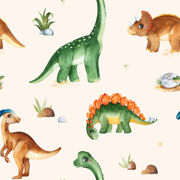 Cute dinos world collection. Seamless texture with watercolor dinosaurs and plants.Perfect for baby shower,wallpapers,nursery decorations,invitations,party. © katerinas39