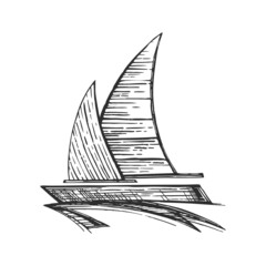 Sailing yacht floats on waves. Ship for recreation and travel. Outline sketch. Hand drawing isolated on white background. Vector
