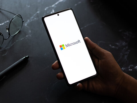 West Bangal, India - April 20, 2022 : Microsoft Corporation logo on phone screen stock image.