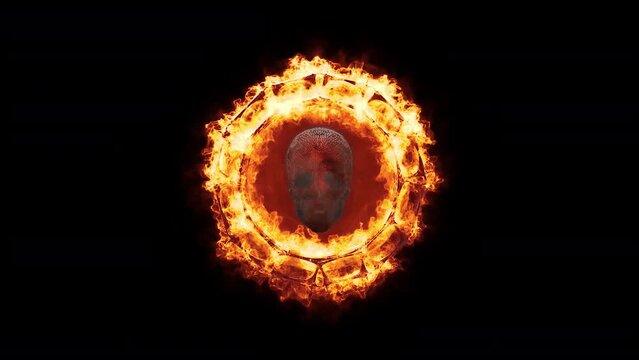 Glowing Skull Over Fire Ring Burning On Transparent Background