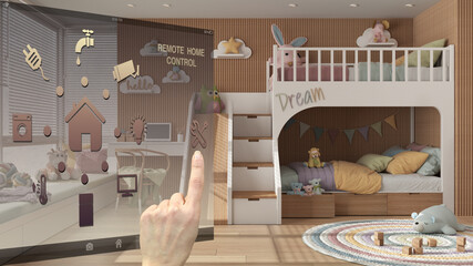 Obraz na płótnie Canvas Smart home control concept, hand controlling digital interface from mobile app. Background showing children bedroom in white and pastel tones, bunk bed, architecture interior design