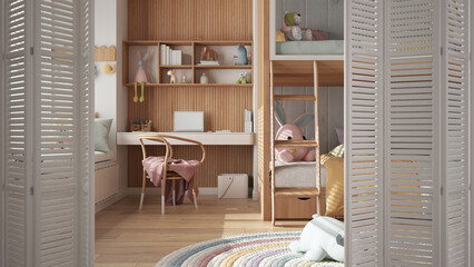 White folding door opening on modern wooden children bedroom with bunk bed and desk with chair, window, toys and puppets, parquet, interior design, architect designer concept idea