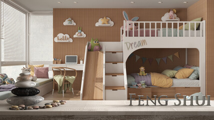 Vintage wooden table shelf with pebble balance and 3d letters making the word feng shui over children white bedroom with bunk bed, capet and desk, zen concept interior design