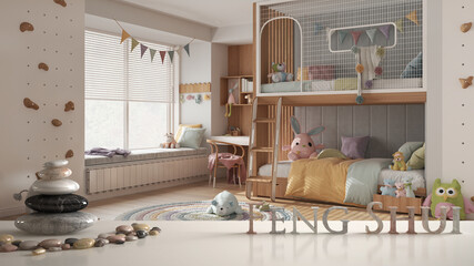 White table shelf with pebble balance and 3d letters making the word feng shui over modern children bedroom in white and pastel tones, bunk bed and toys, zen concept interior design