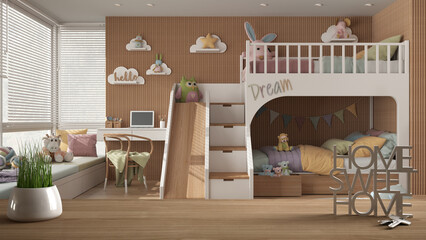 Wooden table, desk or shelf with potted grass plant, house keys and 3D letters making the word home sweet home, over modern children bedroom with bunk bed and toys, interior design