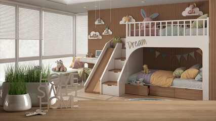 Fototapeta na wymiar Wooden table, desk or shelf with potted grass plant, house keys and 3D letters making the word home sweet home, over modern children bedroom with bunk bed and toys, interior design