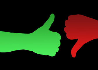 Two silhouette hands making opposite gestures: a thumb up (green, ok, positive) and down (red, no, negative). Graded colors, isolated on a black background.
