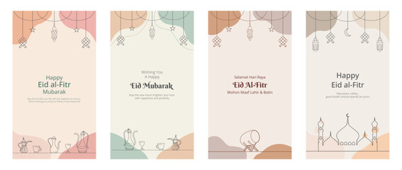 Set of Eid Al Fitr Greeting Card Collection. Social Media Stories Banner Template Vector Illustration