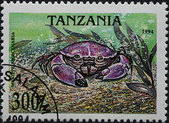 TANZANIA - CIRCA 1994: a postage stamp from TANZANIA, showing a Florida Stone Crab (Menipe...