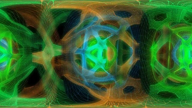 Seamless animation of colorful rainbow lowpoly wireframe structure. Metaverse concept. Spherical panorama 360 virtual reality 3D rendering. Equirectangular environment map.