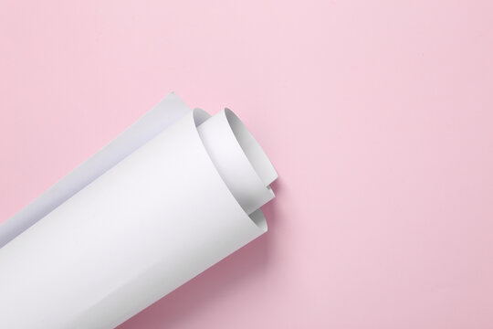 Rolled up roll of white paper on a pink background. Mockup for design