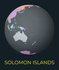 World map centered to Solomon Islands. Red country highlighted. Satellite world view centered to country with name. Vector Illustration.