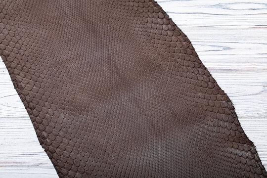 Brown dyed folded natural genuine python leather on the wooden table	