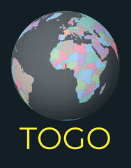 World map centered to Togo. Red country highlighted. Satellite world view centered to country with name. Vector Illustration.