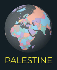 World map centered to Palestine. Red country highlighted. Satellite world view centered to country with name. Vector Illustration.