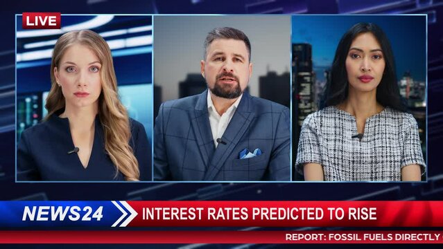 Split Screen TV News Live Report: Anchor Talks. Reportage Montage Covering: Economy, Business, City, Traffic, Green Solution, Real Estate Development. Television Program Channel Playback. Luma Matte 