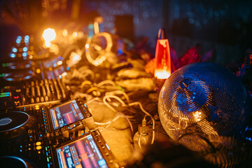 Fototapeta premium View of a disco ball in a dj booth