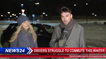 TV News Live Report Montage: Presenter Does Interview with Traffic Accident Car Crash Victim. Car Road Crash Stormy Winter Weather Condition. Television Program Channel Playback. Luma Matte 