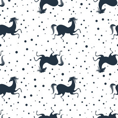 Stylish seamless pattern with running horses and dots in black, grey, white colors. Vector trendy fashion illustration. Works well as wrapping paper, textile print, background. Animal vintage design