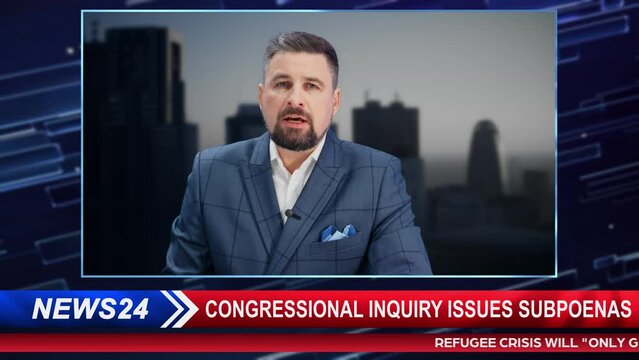 TV Live News Program: Male Presenter Reporting News on Television Cable Channel Newsroom Studio: Anchorman Talks Broadcasting from a Network Television Studio Playback