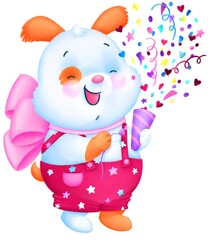 A cute happy puppy with party popper. Digital drawing, illustration.