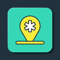 Obraz premium Filled outline Medical map pointer with cross hospital icon isolated on blue background. Turquoise square button. Vector