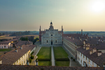 Aerial view of the Certosa di Pavia at morning, built in the late fourteenth century, courts and...