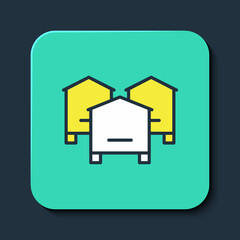 Filled outline Hive for bees icon isolated on blue background. Beehive symbol. Apiary and beekeeping. Sweet natural food. Turquoise square button. Vector