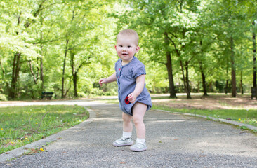 Fototapeta premium Cute caucasian baby taking first steps in the park. Toddler walking