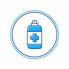 Filled outline Bottle of liquid antibacterial soap with dispenser icon isolated on white background. Antiseptic. Disinfection, hygiene, skin care. Vector