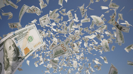 100 USD banknotes (United States Dollar) flying over blue sky background, 3D Rendering, 3D Illustration