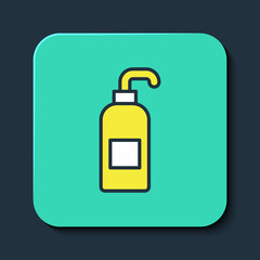 Filled outline Bottle of liquid antibacterial soap with dispenser icon isolated on blue background. Antiseptic. Disinfection, hygiene, skin care. Turquoise square button. Vector