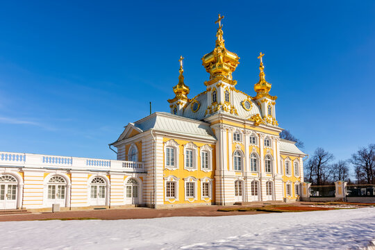Saint Petersburg, Russia - February 2022: East Chapel of Grand Peterhof Palace in Petrodvorets